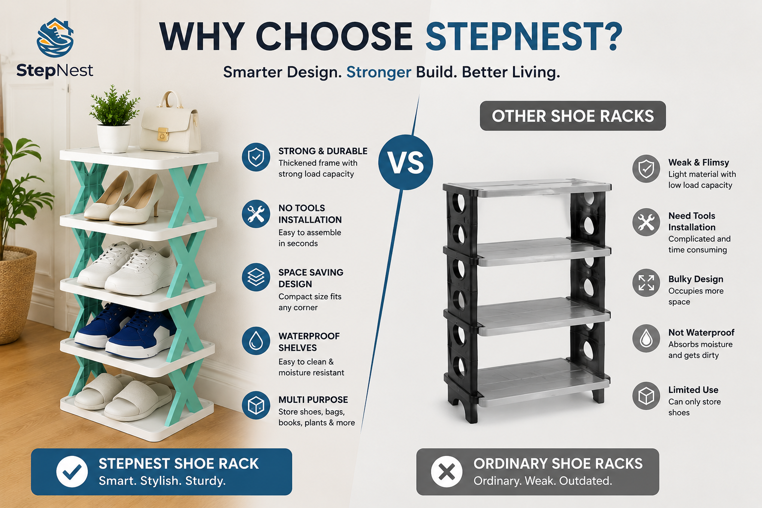 StepNest X-Frame Shoe Rack | 3-Tier Space-Saving Organizer for Every Home